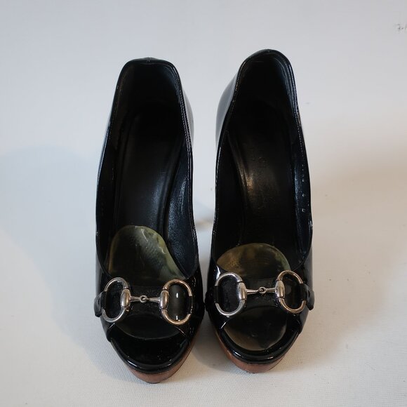 Women Gucci Black Patent Leather Horsebit Peep Toe Platform Heels 6 - Picture 5 of 16
